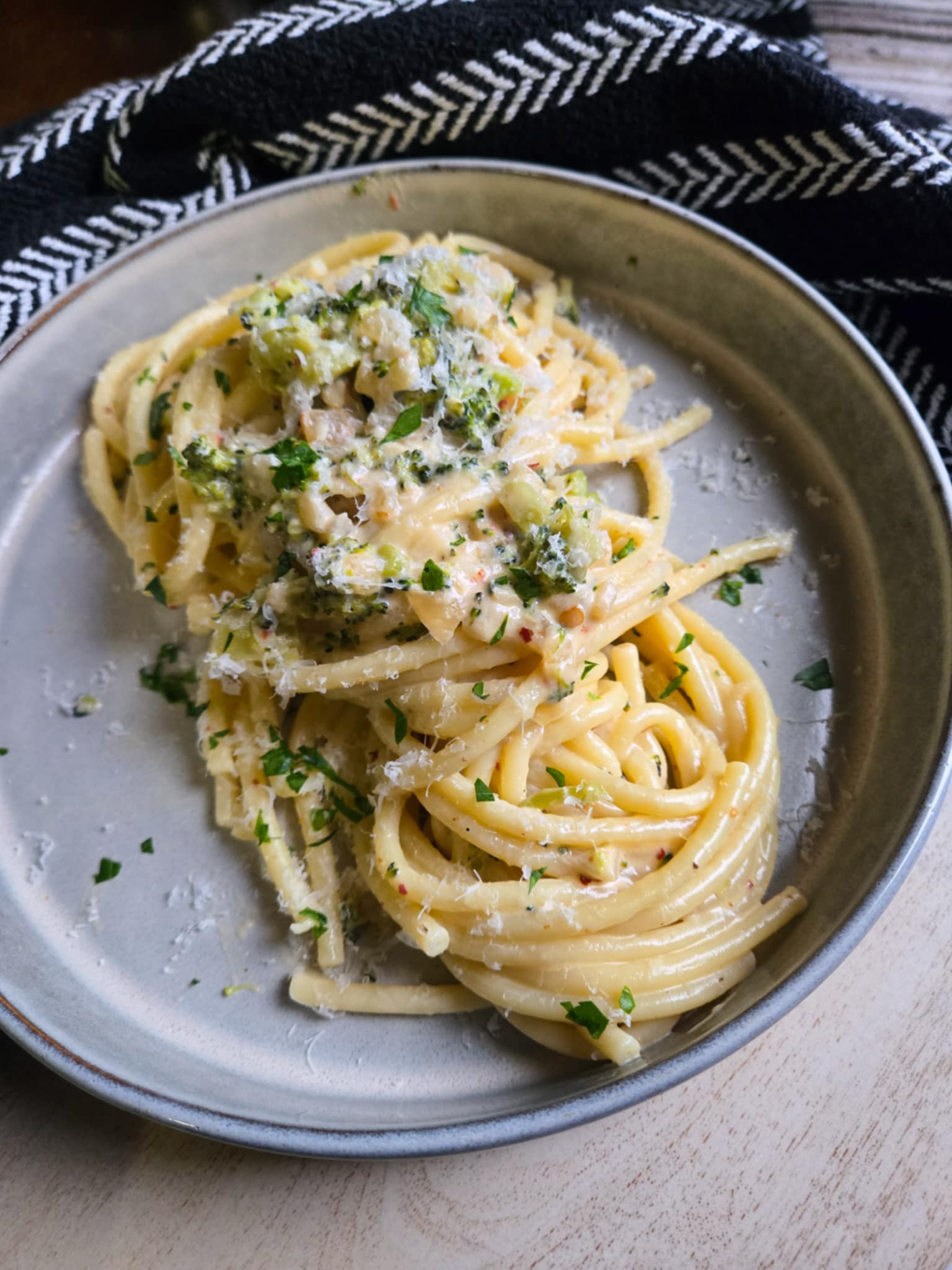 Creamy Broccoli Cheddar Bucatini - Recipe photo by the_happy_veg