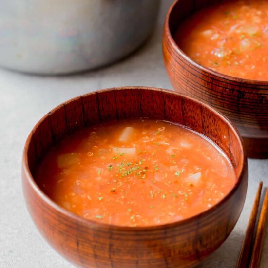 Tomato Miso Soup with Quinoa - Recipe photo by chefjacooks