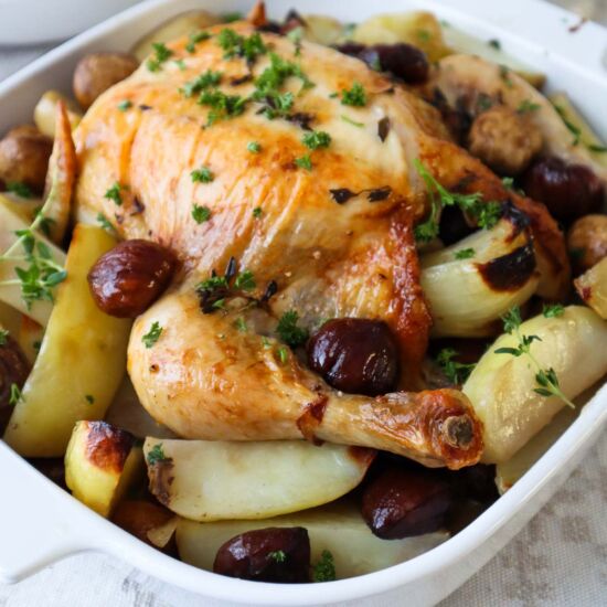 French Roast Chicken with Chestnuts - Recipe photo by TheLavenderApron
