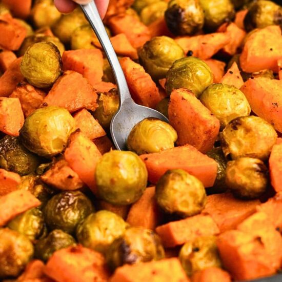 Brussel Sprouts and Sweet Potatoes - Recipe photo by Intentional Hospitality