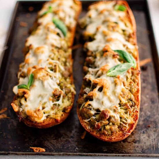 Sausage Pesto Garlic Bread - Recipe photo by TheSaltyMarshmallow