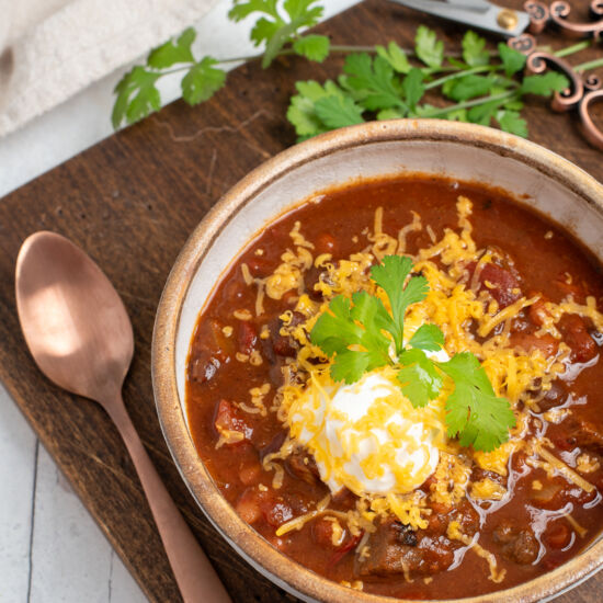 The Very Best Chuck Roast Chili - Recipe photo by biscuitsandburlap