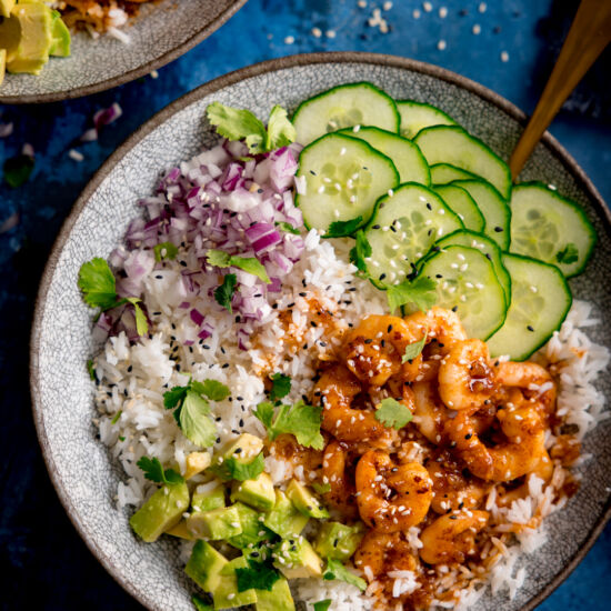 Honey Garlic Prawn Rice Bowls - Recipe photo by KitchenSanctuary