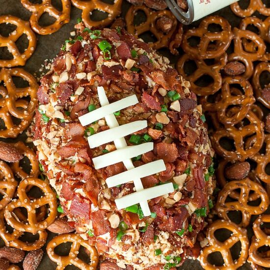 Bacon Cheddar Football Cheese Ball - Recipe photo by peasandcrayons