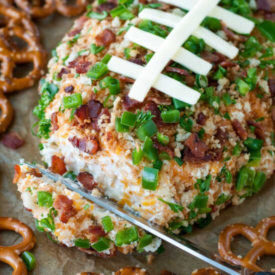 Jalapeno Popper Football Cheeseball - Recipe photo by peasandcrayons