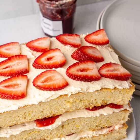 Sheet Pan Strawberry Layer Cake - Recipe photo by Maria Lucey Dietitian