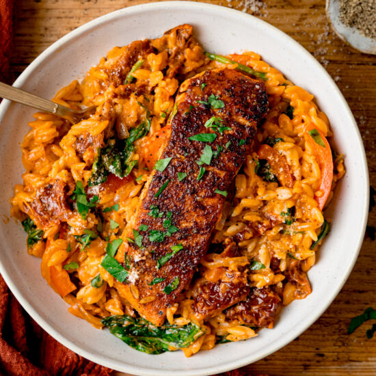 Tuscan Salmon with Orzo - Recipe photo by KitchenSanctuary