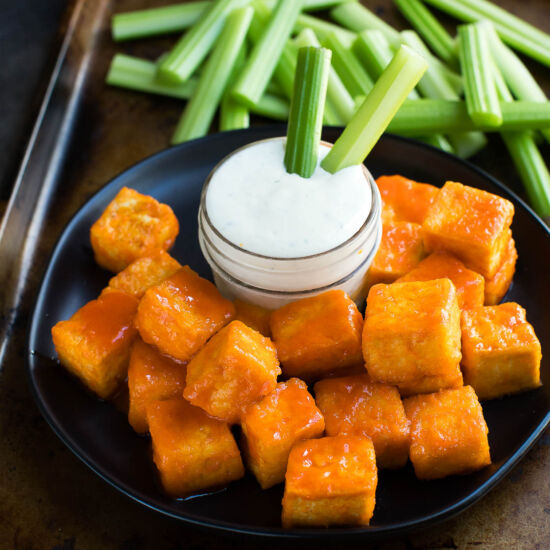 Buffalo Tofu Bites - Recipe photo by peasandcrayons