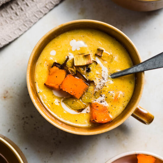 Vegan Potato Leek Soup with Pumpkin - Recipe photo by veggiejam