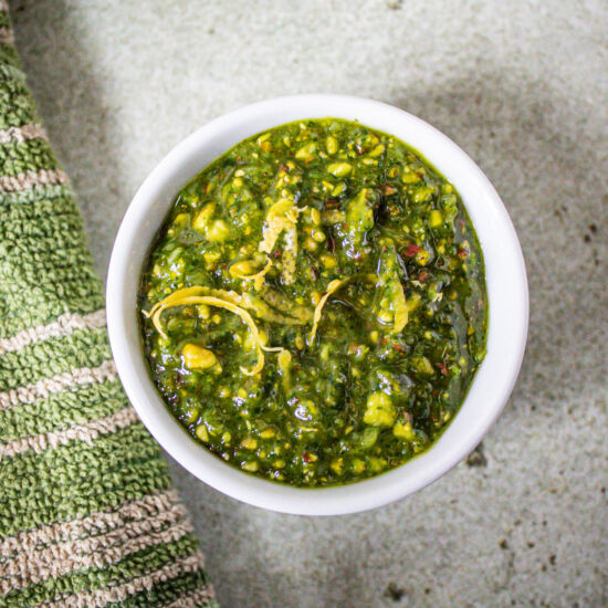 Pea Shoot Pesto with Pistachio - Recipe photo by TheSiftedField2