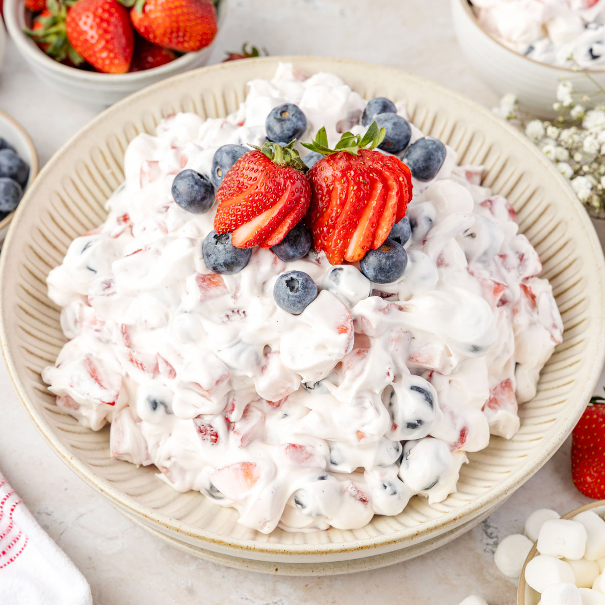 Red White & Blue Cheesecake Salad - Recipe photo by TheChaoticTable