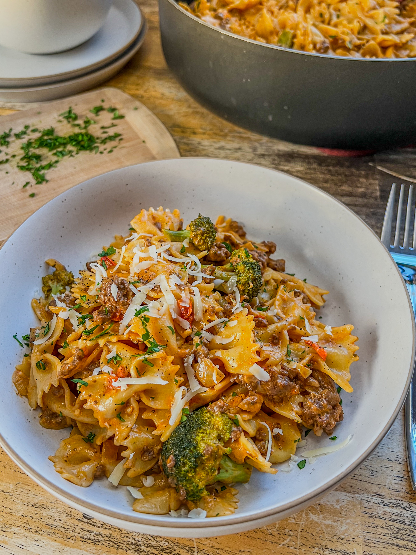 Creamy Tomato Beef Pasta - Recipe photo by thewholesomespoonblog