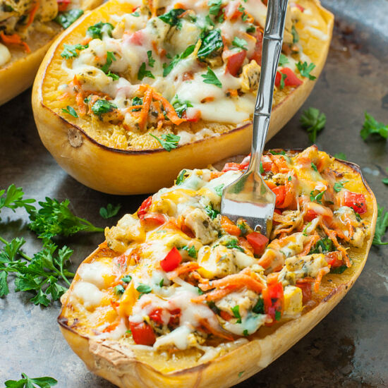 Pesto Chicken Spaghetti Squash - Recipe photo by peasandcrayons