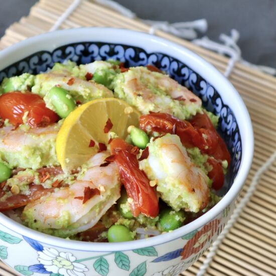 Sheet Pan Shrimp with Edamame Pesto - Recipe photo by cookingontheweekends
