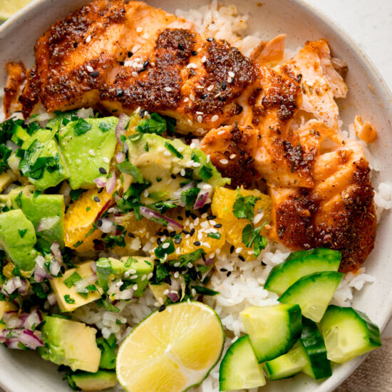 Salmon Bowls + Avocado/Orange Salsa - Recipe photo by KitchenSanctuary