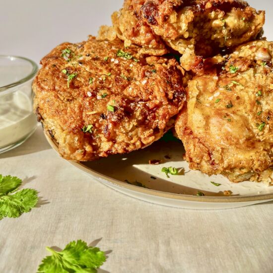 Hot Honey Fried Chicken Thighs - Recipe photo by thewholesomespoonblog