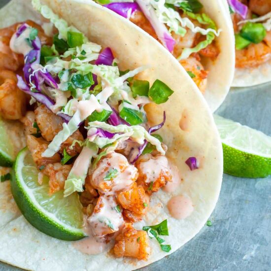 Spicy Sriracha Shrimp Tacos - Recipe photo by peasandcrayons