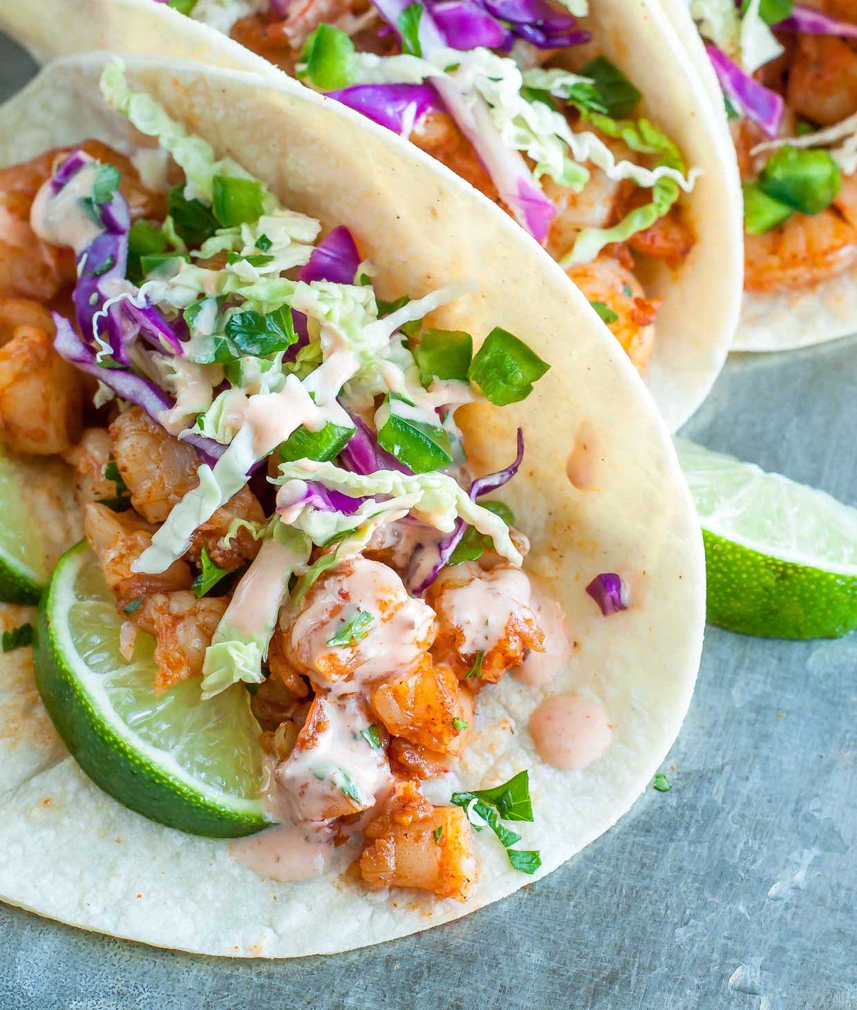 Spicy Sriracha Shrimp Tacos - Recipe photo by peasandcrayons