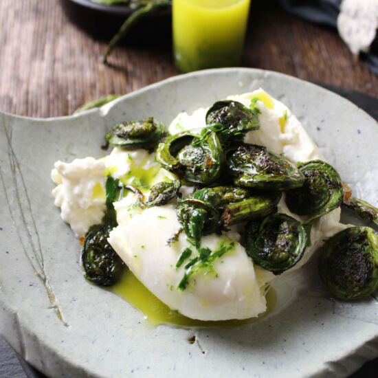 Grilled Fiddlehead Ferns on Burrata - Recipe photo by TheSiftedField2