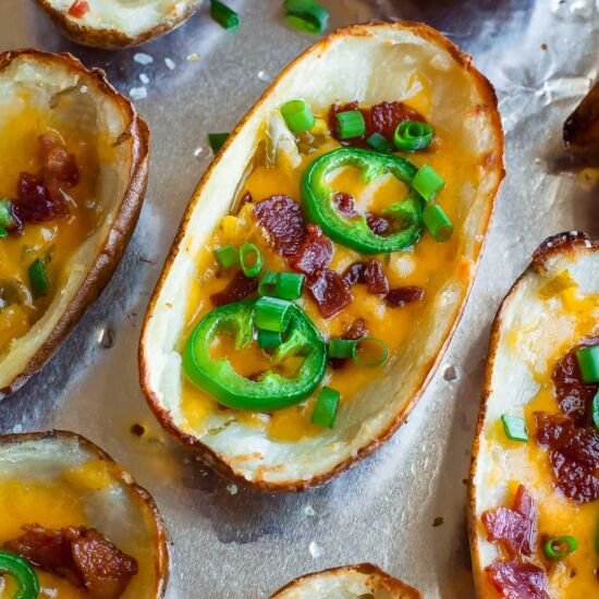 Bacon Jalapeño Potato Skins - Recipe photo by peasandcrayons