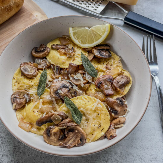 Ravioli with Brown Butter Mushrooms - Recipe photo by thewholesomespoonblog