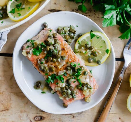 Salmon Piccata - Recipe photo by Running to the Kitchen