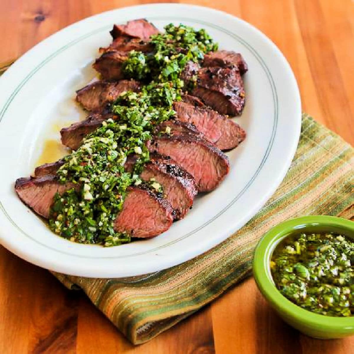Flat Iron Steak with Chimichurri - Recipe photo by kalynskitchen