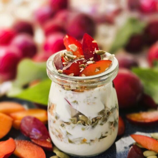 Plum Yogurt Parfait & Pumpkin Seeds - Recipe photo by Imperfectly Wabi Sabi
