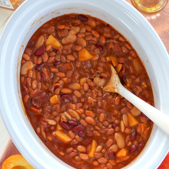 Crockpot Bourbon Peach Baked Beans - Recipe photo by SlowCookedEats