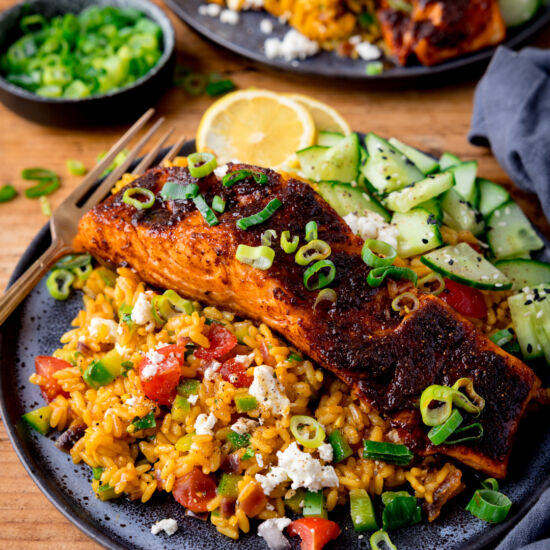 Spiced Salmon with Vegetable Rice - Recipe photo by KitchenSanctuary