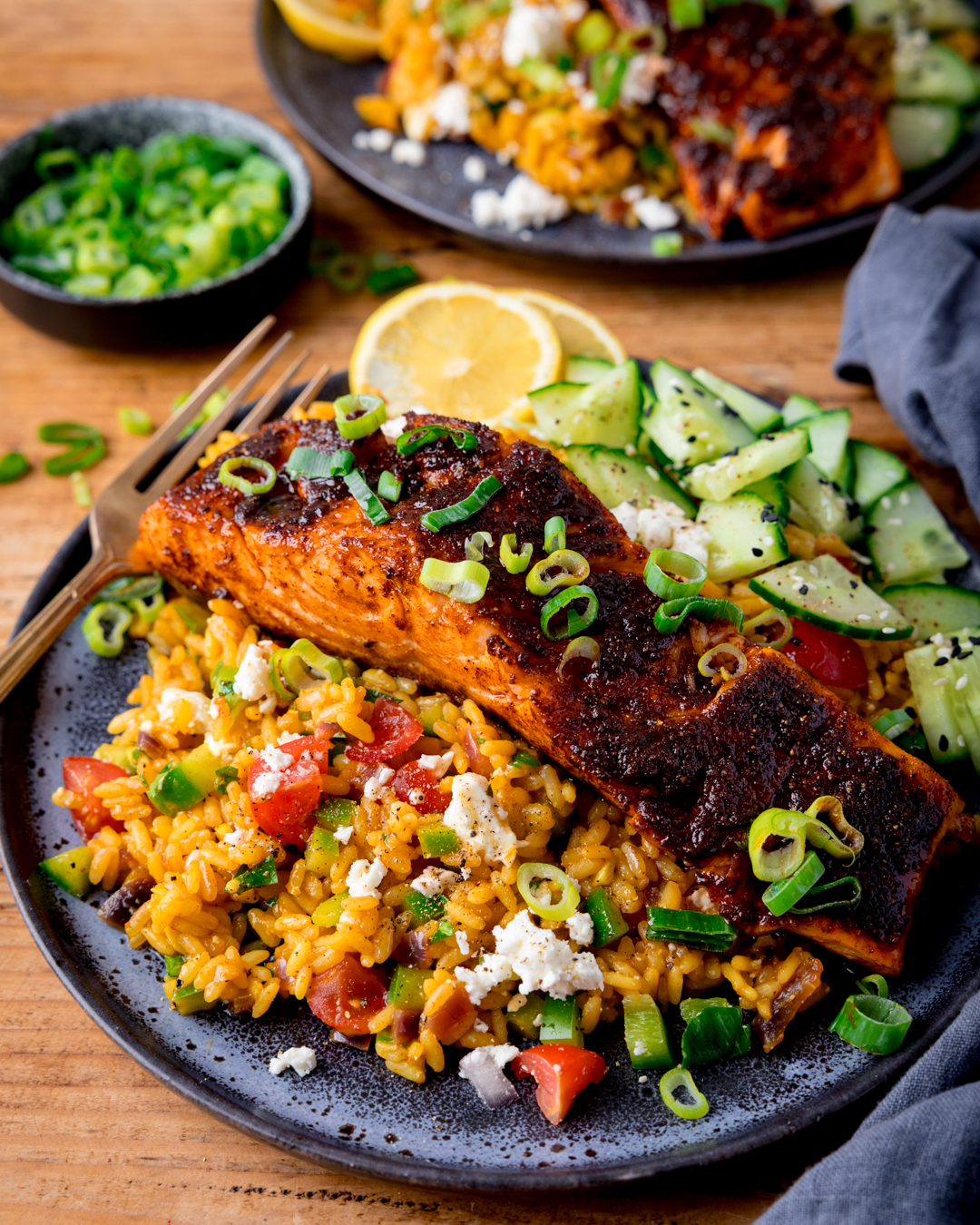 Spiced Salmon with Vegetable Rice - Recipe photo by KitchenSanctuary