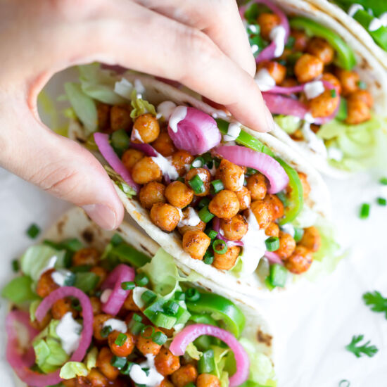 Buffalo Chickpea Tacos - Recipe photo by peasandcrayons