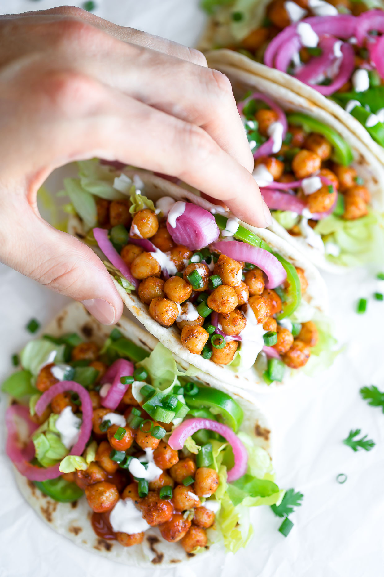 Buffalo Chickpea Tacos - Recipe photo by peasandcrayons