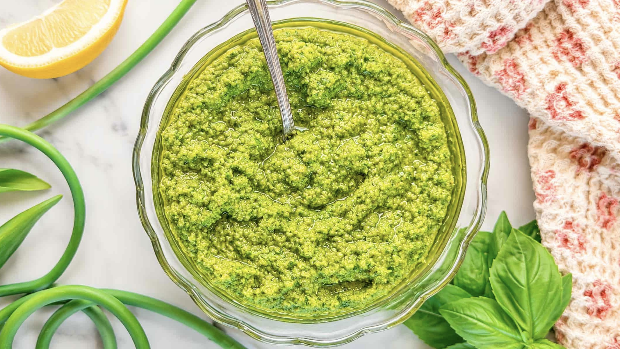 Fresh Garlic Scape Pesto - Recipe photo by Hip Hip Gourmet