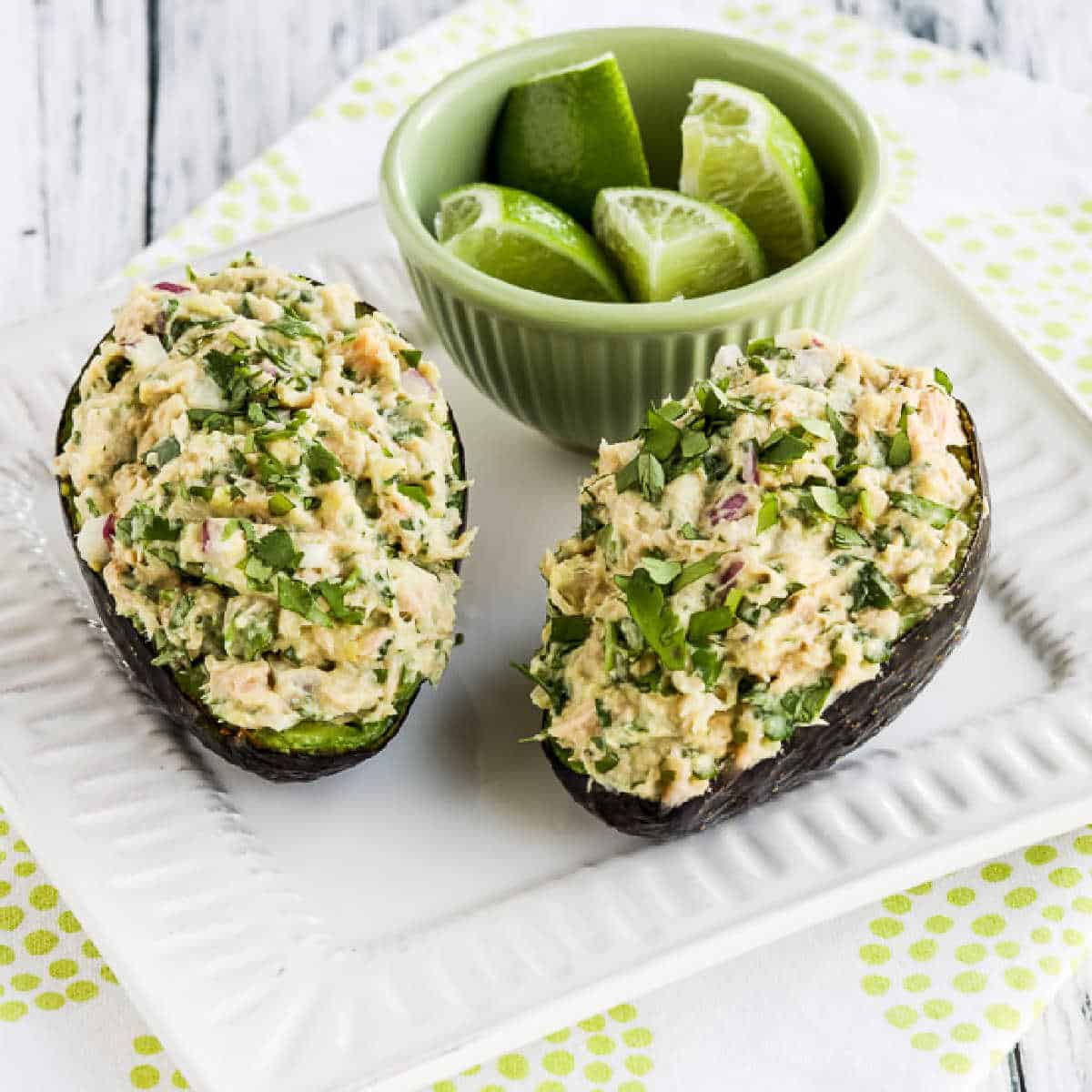 Tuna Stuffed Avocado - Recipe photo by kalynskitchen