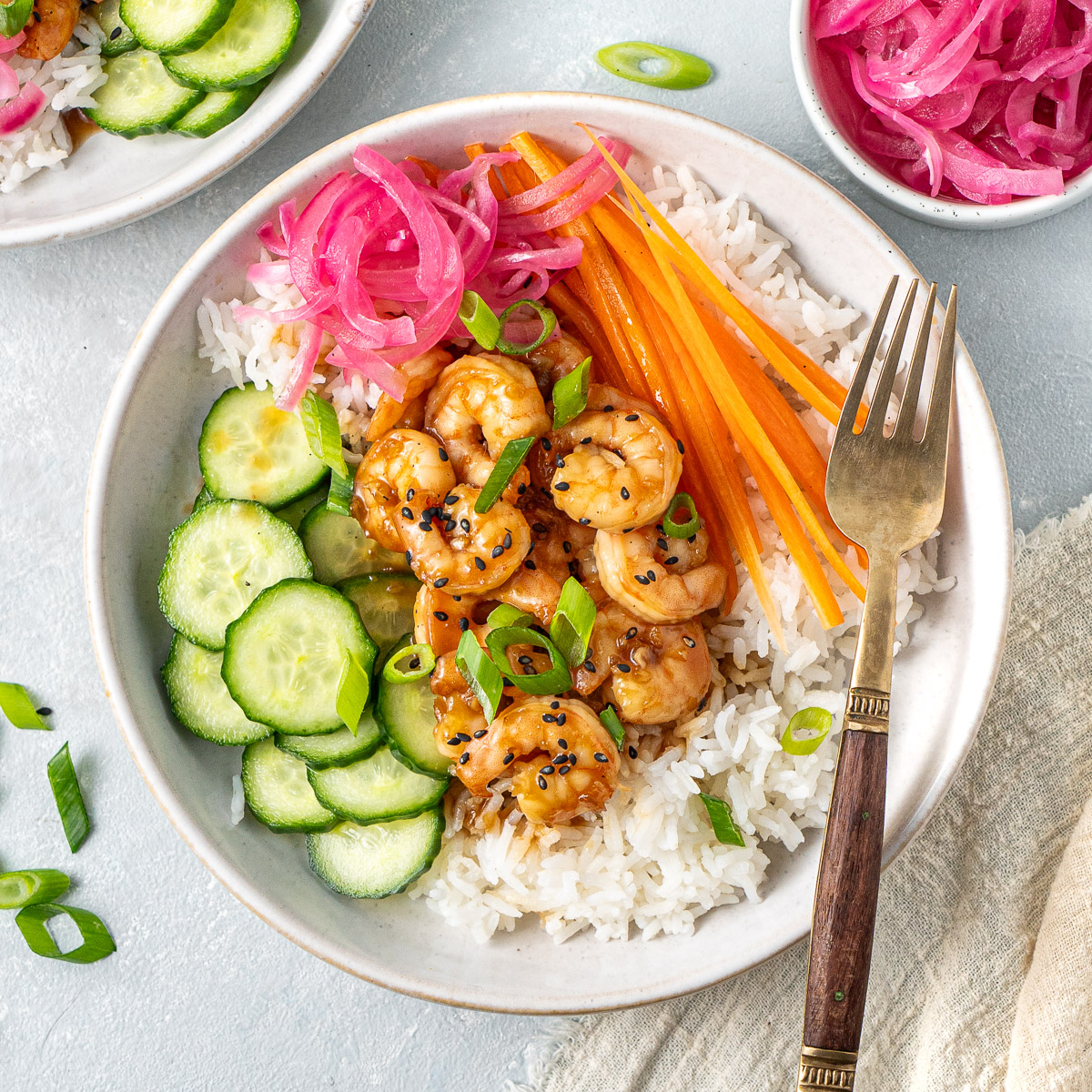 Honey Garlic Prawn Rice Bowls - Recipe photo by eightforestlane