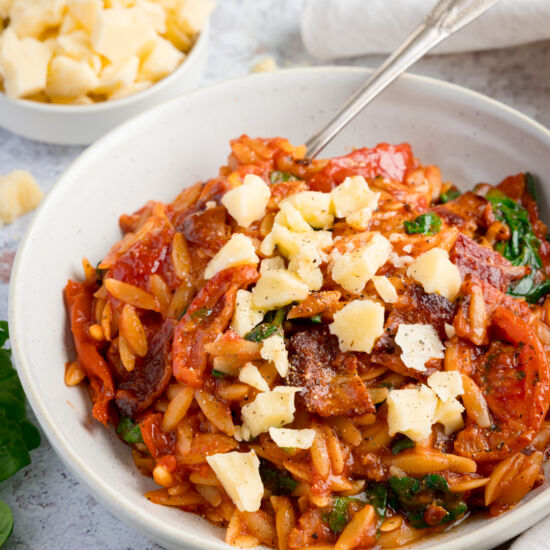 Tomato & Bacon Orzo - Recipe photo by KitchenSanctuary