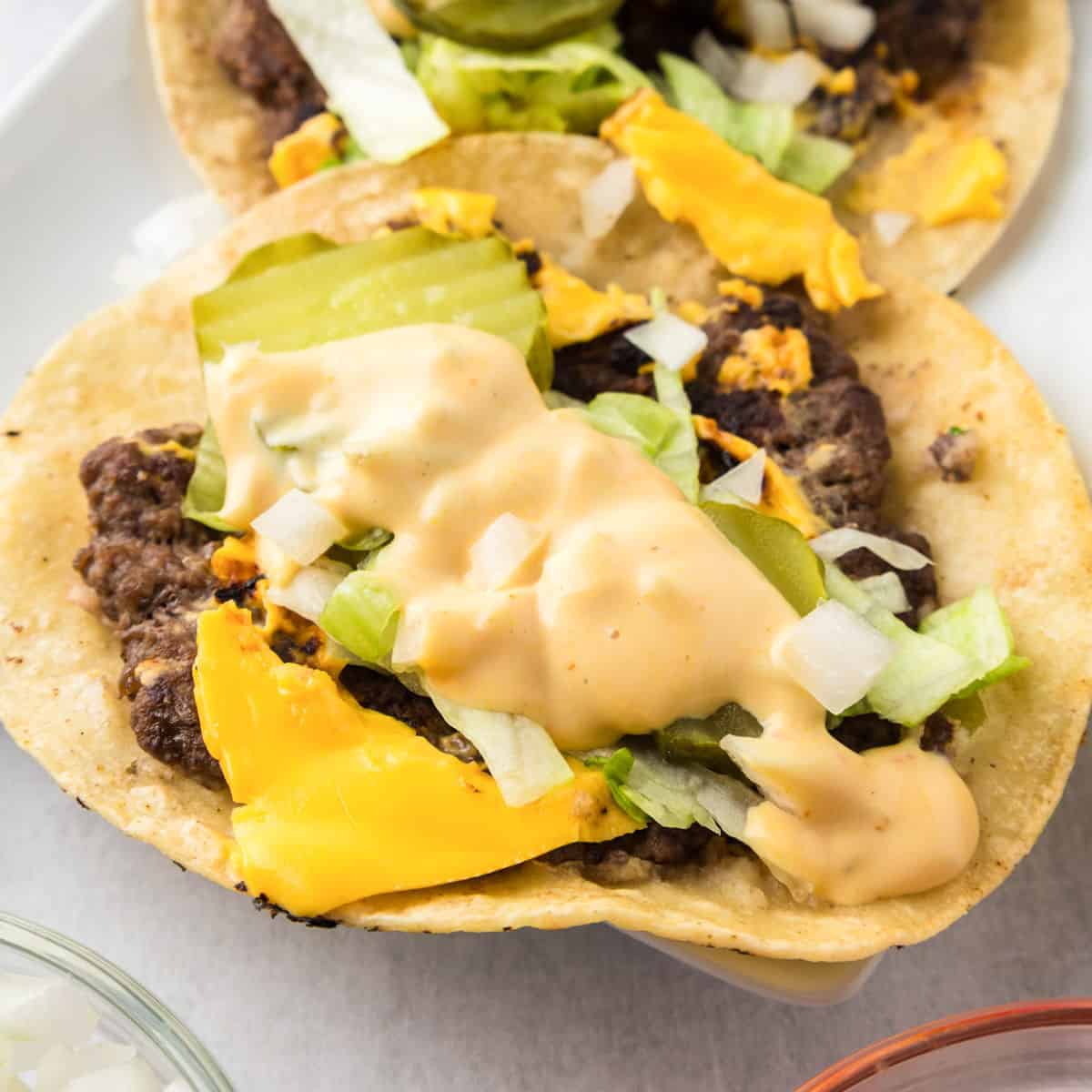 Smash Burger Tacos - Recipe photo by OnMyKidsPlate
