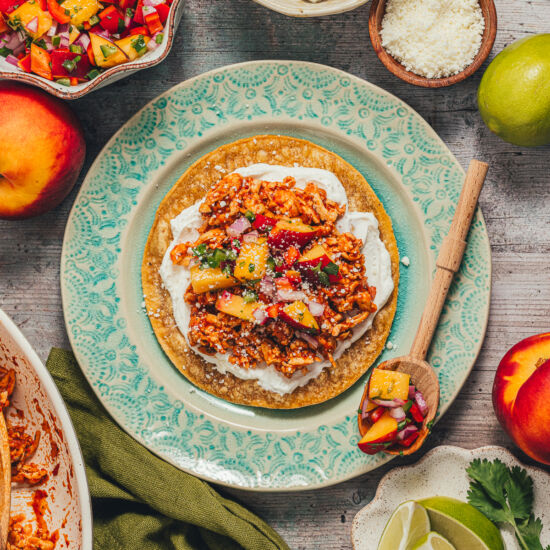 Tofu Tinga Tostadas w/ Peach Salsa - Recipe photo by sweetmiscellany