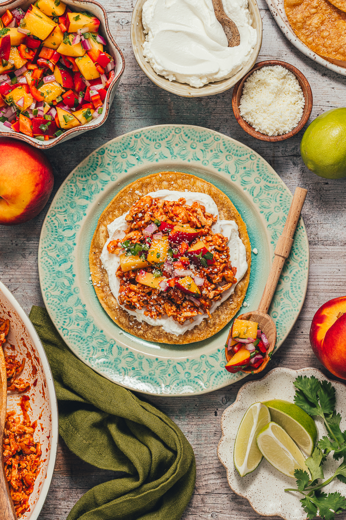 Tofu Tinga Tostadas w/ Peach Salsa - Recipe photo by sweetmiscellany
