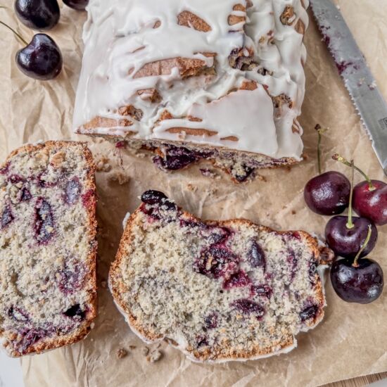 Cherry Vanilla Loaf Cake - Recipe photo by thewholesomespoonblog