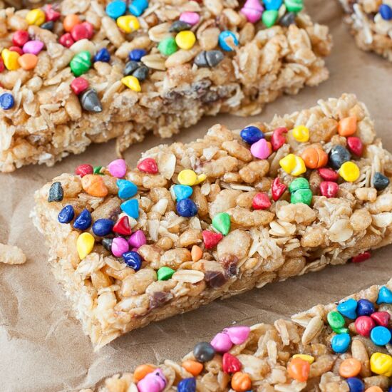 Chewy Rainbow Chip Granola Bars - Recipe photo by peasandcrayons