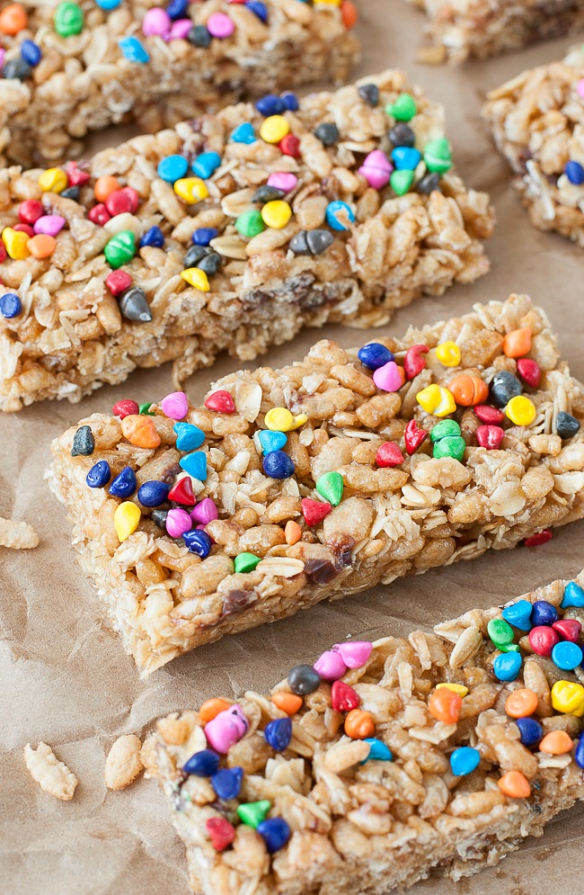 Chewy Rainbow Chip Granola Bars - Recipe photo by peasandcrayons