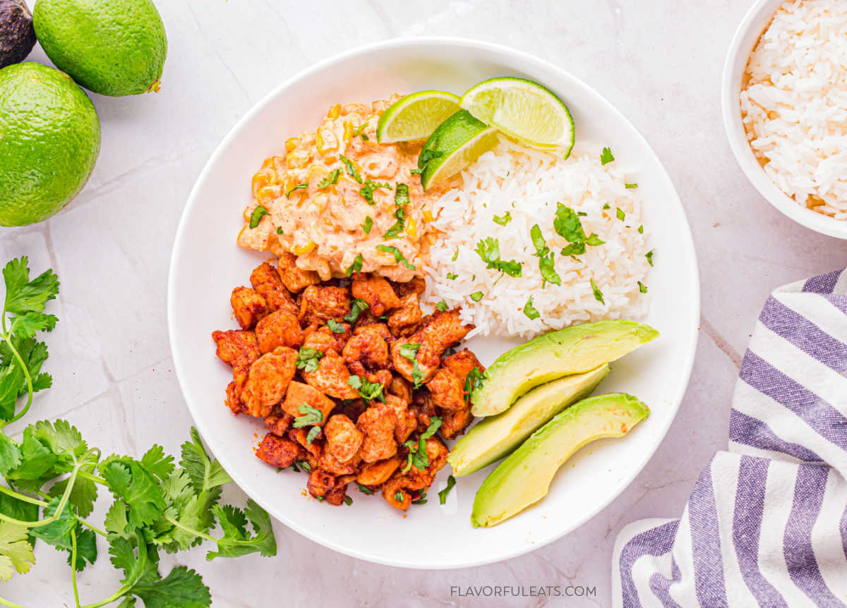 Mexican Street Corn Chicken Bowls - Recipe photo by Flavorful Eats