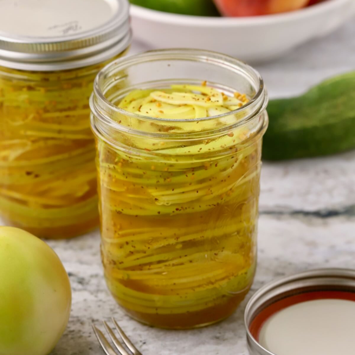Sweet Pickled Green Tomatoes - Recipe photo by Grits and Pinecones