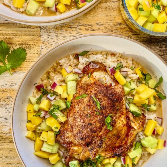 Tropical Chicken Thigh Bowls - Recipe photo by thewholesomespoonblog